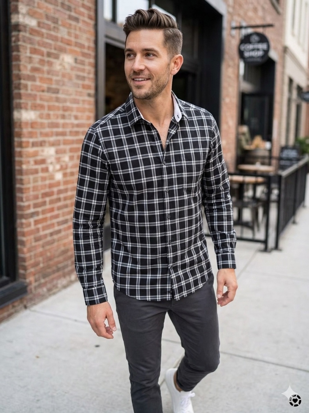 John Varvatos U.S.A. Luxe Black White Plaid Long Sleeve Button Up Shirt Men's
M
